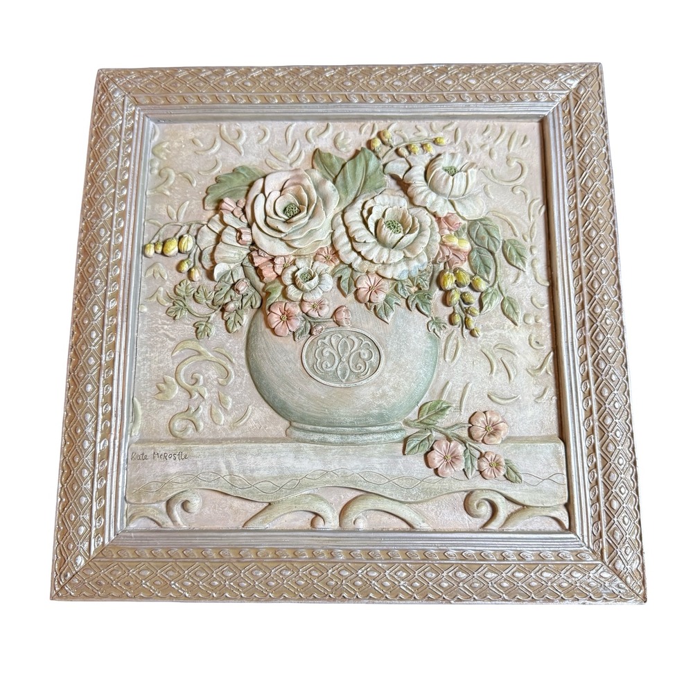 Kate McRostie Floral 3D Wall Art Plaque Rose Vase Cottagecore Shabby Chic 11.5in